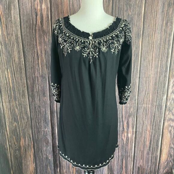 Lucky Brand Women's Black Embroidered 3/4 Sleeve Boho Tunic Dress Size Small - Picture 1 of 7